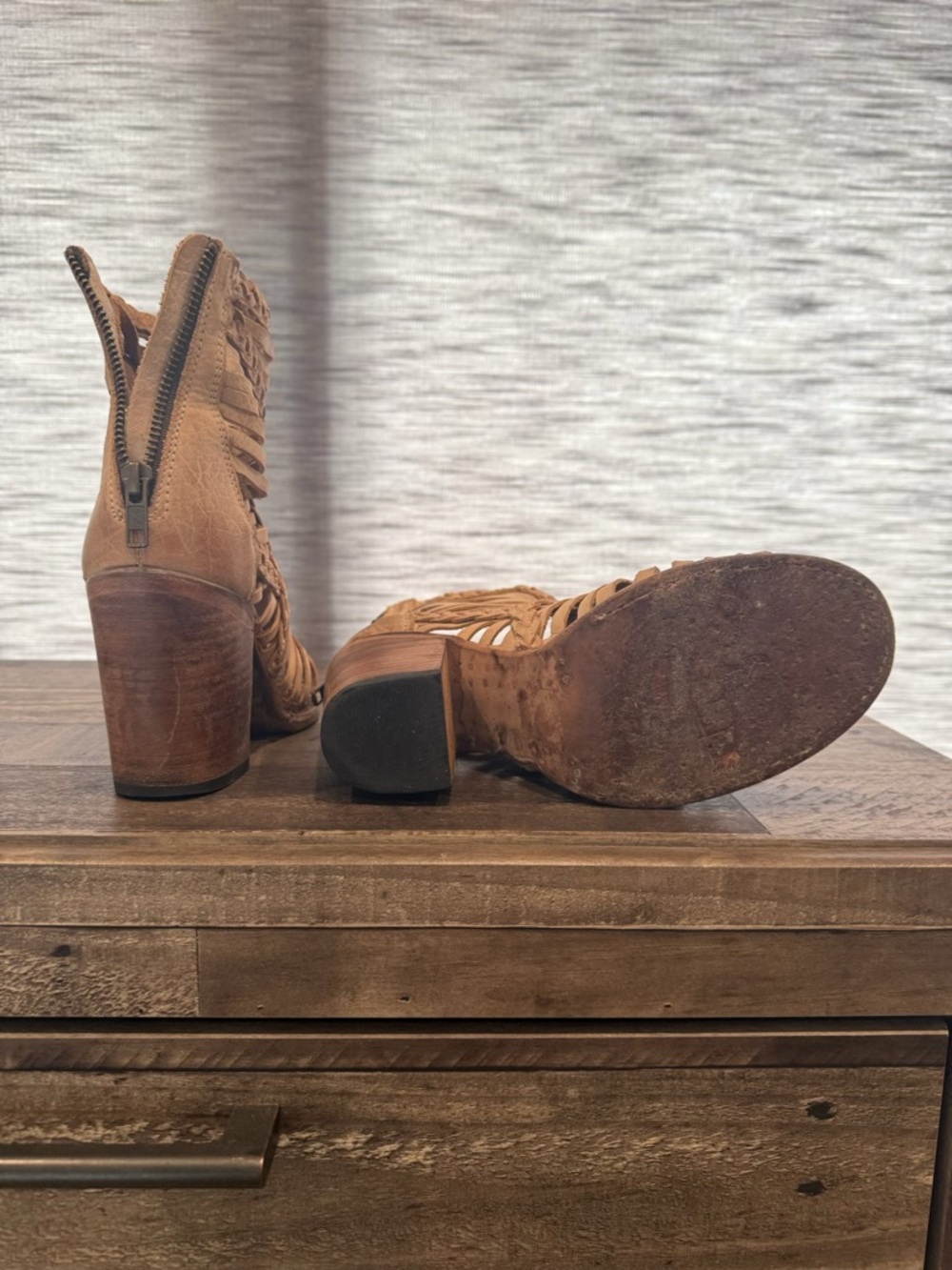 freebird Tan Suede Cutout Block Heel Ankle Boots